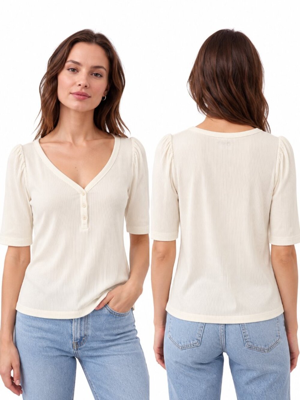 LOFT Ribbed Puff Sleeve Henley Top Cream Size Small
